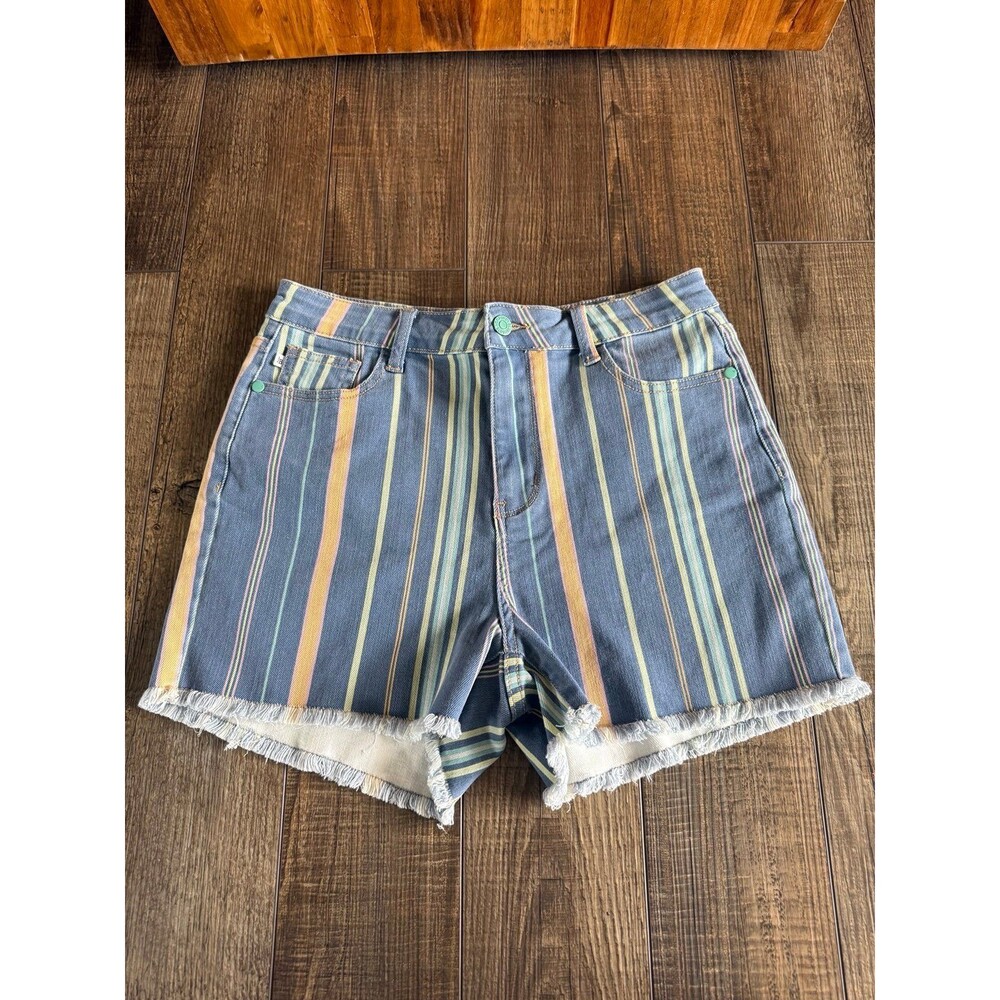 Judy Blue High Waist Frayed Hem Striped Denim Shorts Sz. Large